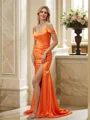 Sheath/Column Silk Like Satin Ruched V-neck Sleeveless Sweep Train Bridesmaid Dresses