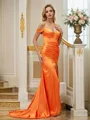Sheath/Column Silk Like Satin Ruched V-neck Sleeveless Sweep Train Bridesmaid Dresses