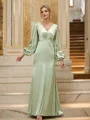 Sheath/Column Silk like Satin Ruched V-neck Long Sleeves Floor-Length Bridesmaid Dresses