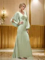 Sheath/Column Silk like Satin Ruched V-neck Long Sleeves Floor-Length Bridesmaid Dresses