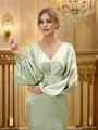 Sheath/Column Silk like Satin Ruched V-neck Long Sleeves Floor-Length Bridesmaid Dresses