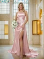 Sheath/Column Silk Like Satin Ruched Spaghetti Straps Sleeveless Sweep Train Bridesmaid Dresses