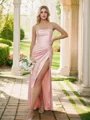 Sheath/Column Silk like Satin Ruched Spaghetti Straps Sleeveless Floor-Length Bridesmaid Dresses