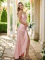 Sheath/Column Silk like Satin Ruched Spaghetti Straps Sleeveless Floor-Length Bridesmaid Dresses