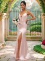 Sheath/Column Silk like Satin Ruched V-neck Sleeveless Sweep Train Bridesmaid Dresses