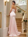 Sheath/Column Silk like Satin Ruched V-neck Sleeveless Sweep Train Bridesmaid Dresses