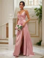 A-Line/Princess Silk like Satin Ruched V-neck Sleeveless Floor-Length Bridesmaid Dresses