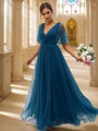 A-Line/Princess Tulle Ruffles V-neck Short Sleeves Floor-Length Bridesmaid Dresses