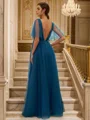 A-Line/Princess Tulle Ruffles V-neck Short Sleeves Floor-Length Bridesmaid Dresses