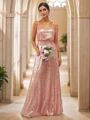 A-Line/Princess Sequins Ruched Straps Sleeveless Floor-Length Bridesmaid Dresses