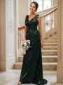 Sheath/Column Sequins Ruched V-neck Sleeveless Sweep Train Bridesmaid Dresses