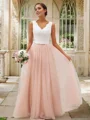 A-Line/Princess Tulle Lace V-neck Sleeveless Floor-Length Bridesmaid Dresses
