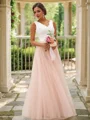 A-Line/Princess Tulle Lace V-neck Sleeveless Floor-Length Bridesmaid Dresses