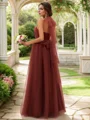 A-Line/Princess Tulle Ruffles Halter Sleeveless Floor-Length Bridesmaid Dresses