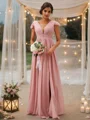 A-Line/Princess Chiffon Ruffles V-neck Sleeveless Sweep Train Bridesmaid Dresses