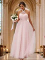 A-Line/Princess Tulle Ruffles Halter Sleeveless Floor-Length Bridesmaid Dresses