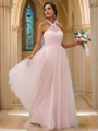 A-Line/Princess Tulle Ruffles Halter Sleeveless Floor-Length Bridesmaid Dresses