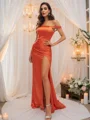 Sheath/Column Silk like Satin Ruched Off-the-Shoulder Sleeveless Sweep Train Bridesmaid Dresses