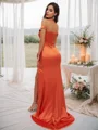 Sheath/Column Silk like Satin Ruched Off-the-Shoulder Sleeveless Sweep Train Bridesmaid Dresses