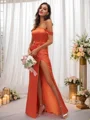 Sheath/Column Silk like Satin Ruched Off-the-Shoulder Sleeveless Sweep Train Bridesmaid Dresses