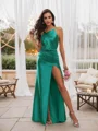 Sheath/Column Charmeuse Ruched Scoop Sleeveless Sweep Train Bridesmaid Dresses