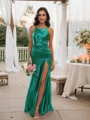 Sheath/Column Charmeuse Ruched Scoop Sleeveless Sweep Train Bridesmaid Dresses