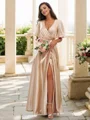 A-Line/Princess Silk like Satin Sash/Ribbon/Belt V-neck Short Sleeves Floor-Length Bridesmaid Dresses