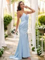 Sheath/Column Silk Like Satin Ruched Spaghetti Straps Sleeveless Sweep Train Bridesmaid Dresses