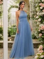 A-Line/Princess Tulle Ruched Halter Sleeveless Floor-Length Bridesmaid Dresses