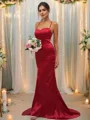 Sheath/Column Silk Like Satin Ruched Square Sleeveless Sweep Train Bridesmaid Dresses