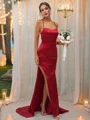 Sheath/Column Silk Like Satin Ruched Square Sleeveless Sweep Train Bridesmaid Dresses