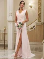 A-Line/Princess Chiffon Ruched V-neck Sleeveless Sweep Train Bridesmaid Dresses