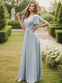 A-Line/Princess Chiffon Ruffles V-neck Short Sleeves Floor-Length Bridesmaid Dresses
