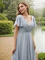 A-Line/Princess Chiffon Ruffles V-neck Short Sleeves Floor-Length Bridesmaid Dresses