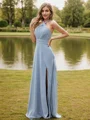 A-Line/Princess Chiffon Ruched Halter Sleeveless Sweep Train Bridesmaid Dresses