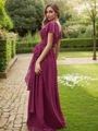 A-Line/Princess Chiffon Ruffles V-neck Short Sleeves Floor-Length Bridesmaid Dresses