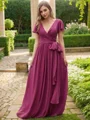 A-Line/Princess Chiffon Ruffles V-neck Short Sleeves Floor-Length Bridesmaid Dresses