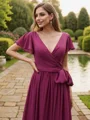 A-Line/Princess Chiffon Ruffles V-neck Short Sleeves Floor-Length Bridesmaid Dresses