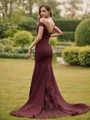 Sheath/Column Stretch Crepe Applique Off-the-Shoulder Sleeveless Sweep Train Bridesmaid Dresses