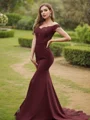Sheath/Column Stretch Crepe Applique Off-the-Shoulder Sleeveless Sweep Train Bridesmaid Dresses