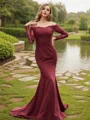 Sheath/Column Stretch Crepe Applique Off-the-Shoulder Long Sleeves Sweep Train Bridesmaid Dresses