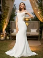 A-Line/Princess Charmeuse Lace Off-the-Shoulder Sleeveless Sweep Train Bridesmaid Dresses
