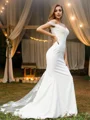 A-Line/Princess Charmeuse Lace Off-the-Shoulder Sleeveless Sweep Train Bridesmaid Dresses