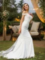 A-Line/Princess Charmeuse Lace Off-the-Shoulder Sleeveless Sweep Train Bridesmaid Dresses
