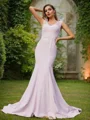 Trumpet/Mermaid Stretch Crepe Ruched V-neck Sleeveless Sweep Train Bridesmaid Dresses