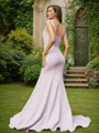 Trumpet/Mermaid Stretch Crepe Ruched V-neck Sleeveless Sweep Train Bridesmaid Dresses