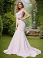 Trumpet/Mermaid Stretch Crepe Ruched V-neck Sleeveless Sweep Train Bridesmaid Dresses