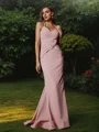 Sheath/Column Stretch Crepe Ruched V-neck Sleeveless Floor-Length Bridesmaid Dresses