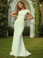 Sheath/Column Stretch Crepe Ruched Scoop Short Sleeves Sweep Train Bridesmaid Dresses