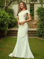 Sheath/Column Stretch Crepe Ruched Scoop Short Sleeves Sweep Train Bridesmaid Dresses